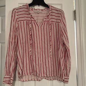 LOFT red and cream long sleeve tie neck shirt; size Large small